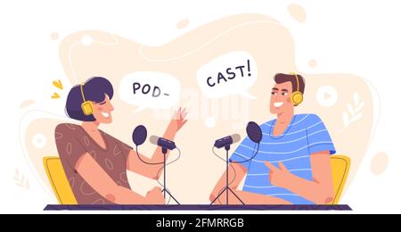 People in studio with headphones and microphones recording audio podcast or online show. Person radio host interviewing guest. Flat characters in headset with mic talking. Mass media broadcasting. Stock Vector