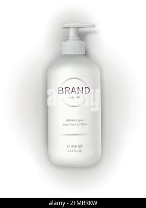 Vector realistic cosmetic container template, white plastic bottle with dispenser, pump and brand label isolated on white background. Skin care cosmetics, cream, lotion, liquid soap or bath foam Stock Vector