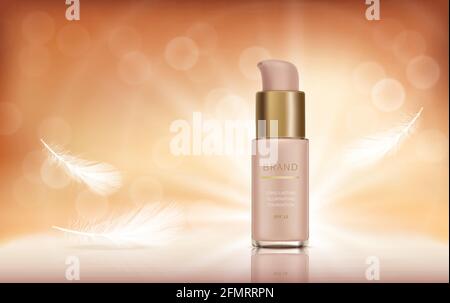 Cosmetic realistic vector ads banner with foundation for perfect makeup, decorative cosmetics. Liquid foundation, fluid in bottle with dispenser and soft white feathers, mock up for glossy magazine Stock Vector