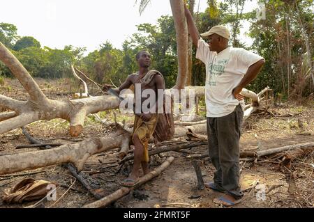 Farmer talking to Liberian conservationist about the tropical forest he has just cleared to make a living, illustrating how complex conservation is. Stock Photo