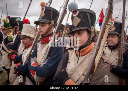 French infantry at the re-enactment of the Battle of the Göhrde, a celebration of the 200th anniversary of the encounter during the war of liberation from Napoleons rule over Germany. Stock Photo