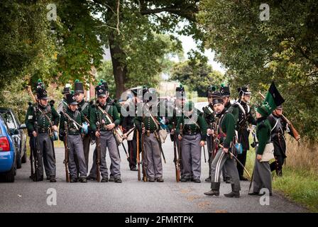 Light infantry of the King's German Legion rallying for the re-enactment of the Battle of the Göhrde, a celebration of the 200th anniversary of the encounter during the war of liberation from Napoleons rule over Germany. Stock Photo