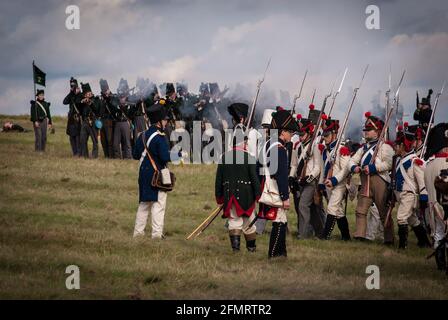 The King's German Legion firing at French infantry at the re-enactment of the Battle of the Göhrde, a celebration of the 200th anniversary of the encounter during the war of liberation from Napoleons rule over Germany. Stock Photo