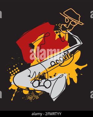 Saxophonist with a hat on black background. Expressive Illustration of jazz musician, continuous line drawing design. Vector available. Stock Vector