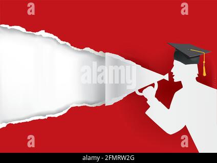 Paper student, graduate with megaphone. Red paper background with Paper silhouette of graduate holding a megaphone.Place for your text or image. Ve Stock Vector