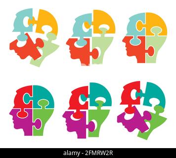 Colorful Puzzle Piece Silhouette Heads,psychology concept. Disassembled Puzzle male head silhouette symbolizing concentration, mindfulness. Stock Vector