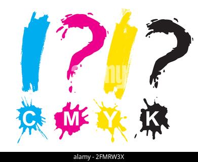 CMYK print colors, symbols, splatters. Illustration of  expressive exclamation and qeuestion marks with CMYK lettering. Stock Vector