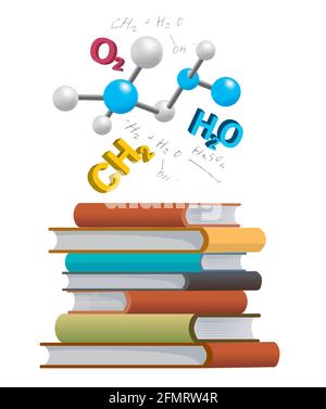Chemistry textbooks. Illustration of Pile of books with 3d chemical symbols and formulas. Vector available. Stock Vector