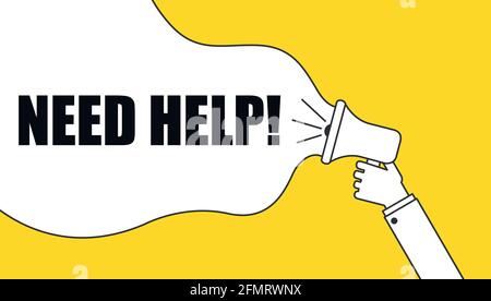 Need Help Megaphone Announcement isolated on yellow background. Stock Vector
