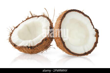 Coconut halves isolated on white background with clipping path. Stock Photo