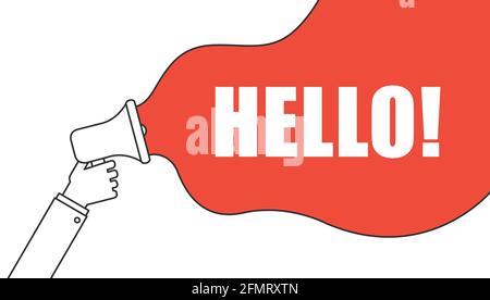 Male hand holding megaphone with HELLO speech bubble. Loudspeaker. Banner for business and advertising. Vector illustration. Stock Vector