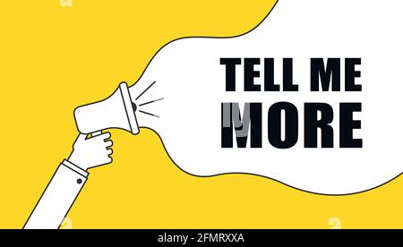 Tell me more banner with megaphone for social networks. Flat line illustration with hand Stock Vector