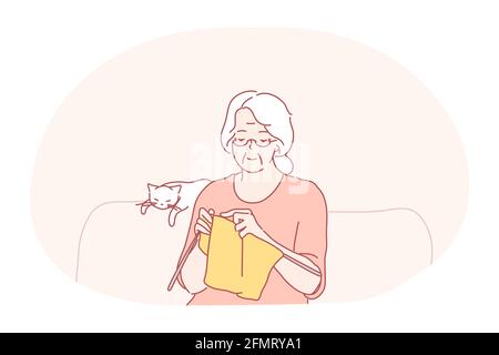Knitting, hobbies of elderly people concept Stock Vector