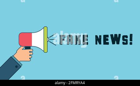 Hand holding megaphone with Fake News speech bubble. Loudspeaker. Banner for business and advertising. Vector illustration. Stock Vector
