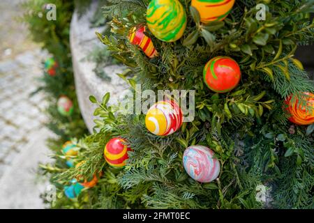 Easter is a religious festival with colored eggs and decorated bushes and fountains Stock Photo
