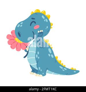 Cute little dinosaur sniffs a flower. Dragon with a plant. Character for the design of posters, postcards and clothing. Picture for kid. Vector. Stock Vector