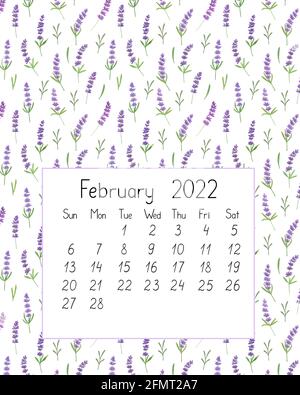 Calendar page the year 2022 for February watercolor floral seamless illustration, printable page, hand drawn pattern of French Provence lavender flowe Stock Photo