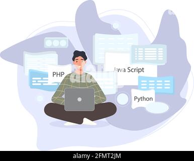 Software developers working of script coding. Engineer character programming in php, python, javascript, other languages. Vector illustration Stock Vector