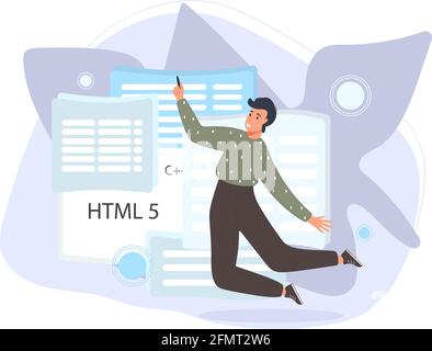 Software developers working of script coding. Engineer character programming in php, python, javascript, other languages. Vector illustration Stock Vector