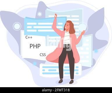 Software developers working of script coding. Engineer character programming in php, python, javascript, other languages. Vector illustration Stock Vector