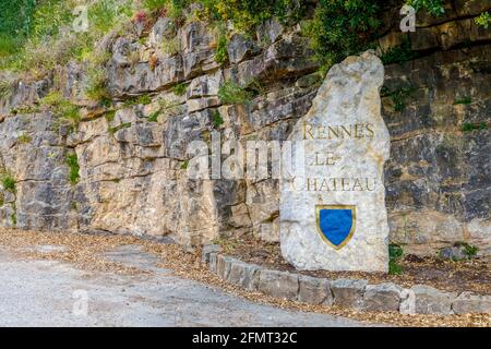 Rennes le Chateau, France - June 3, 2019:  Village stone sign at the entrance Stock Photo