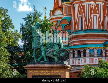 Moscow, Russia - September 13, 2018: Minin and Pozharsky and St. Basil Cathedral on Red Square in Moscow Stock Photo