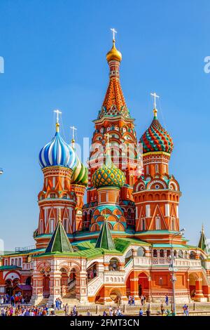 Moscow, Russia - September 15, 2018: St Basil's Cathedral and Moscow Kremlin, Russia. This place is the main tourist attraction of Moscow. Stock Photo