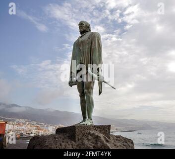 Candelaria, Spain - August 14, 2015: Sculpture of the guanche mencey (aboriginal king) Bencomo in the waterfront of Candelaria, Tenerife, Canary Islan Stock Photo