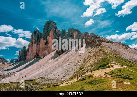 Panoramic view of the Sexten Dolomites in Italy. Three Peaks of Lavaredo. Stock Photo