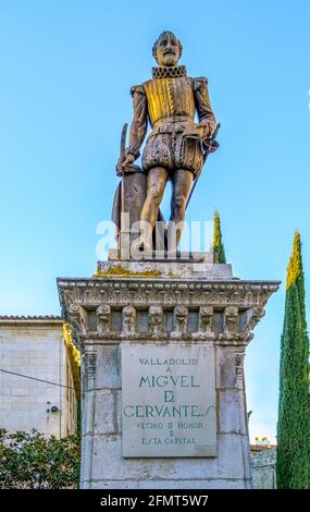 Statue of Cervantes Spain's most famous author in Valladolid Castile and Leon Spain. This statue is more than 100 years old no property release is req Stock Photo