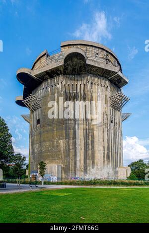 Vienna, Austria  - September 16, 2019:  Flak tower in the Augarten park, errected during the Second world war. Leopoldstadt district, city of Vienna, Stock Photo