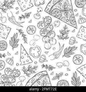 Pizza hand drawn cartoon doodles illustration. Pizzeria objects and elements design. Creative art background. Line art vector background Stock Vector