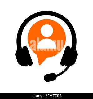 Hotline symbol with headphones and customer icon isolated on white background. Call center sign. Client support online service concept. Vector flat illustration. Stock Vector