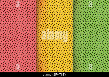 Tropical fruit seamless pattern set. Watermelon, maracuya, kiwi texture. Exotic summer print with brown seeds on red, orange and green background. Vector illustration. Stock Vector