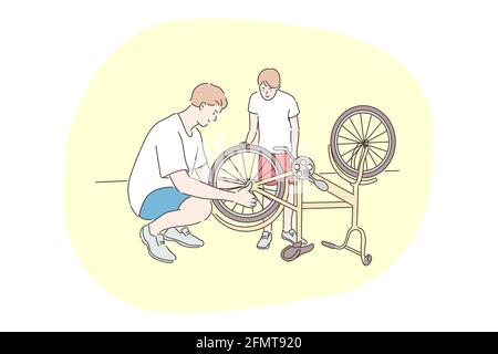Family, cycling, repair, fathers day concept Stock Vector