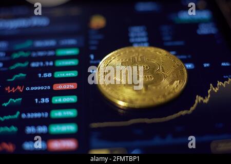 The gold bitcoin coin lies on the tablet screen, which shows cha Stock Photo