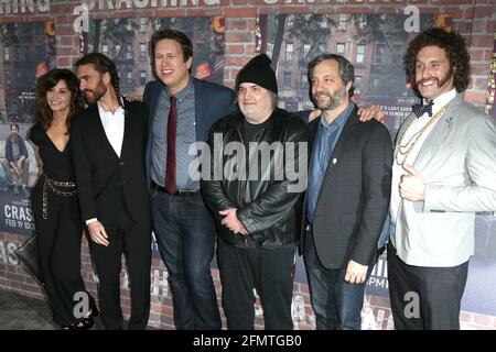 LOS ANGELES - FEB 15:  Gina Gershon, George Basil, Pete Holmes, Artie Lange, Judd Apatow, T.J. Miller at the 'Crashing' HBO Premiere Screening at the Avalon Hollywood on February 15, 2017 in Los Angeles, CA Stock Photo
