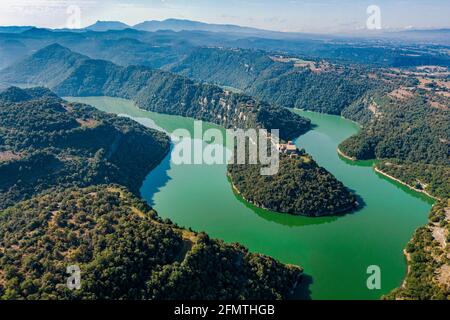 Aerial view of a Benedictine monastery of Sant Pere de Casserres on the Ter river. Stock Photo