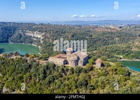 Aerial view of a Benedictine monastery of Sant Pere de Casserres on the Ter river. Stock Photo