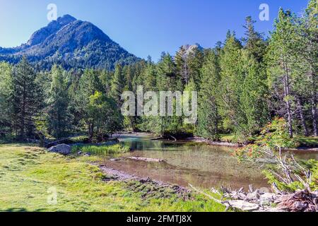 Aigüestortes National Park in the Vall de Boi, Spain. Two thousand feet the water is present Stock Photo