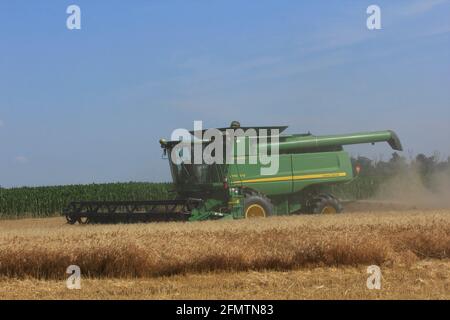 John Deere Combine cutting wheat with wheat dust in the air  in a farm field out in the country in Kansas. Stock Photo