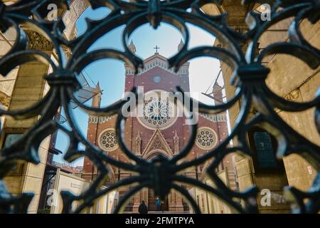 Church of St. Anthony of Padua (St. Antuan Katolik Kilisesi), Istanbul behind the fences during early in the morning. Sunshine coming behind Church Stock Photo