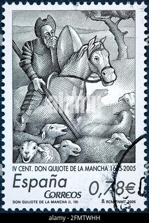SPAIN - CIRCA 2005: A stamp printed in Spain shows illustrating scene of Don Quixote Stock Photo