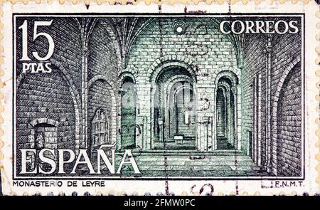 SPAIN - CIRCA 1974: A stamp printed in Spain shows The inside the Monastery Leyre circa 1974 Stock Photo