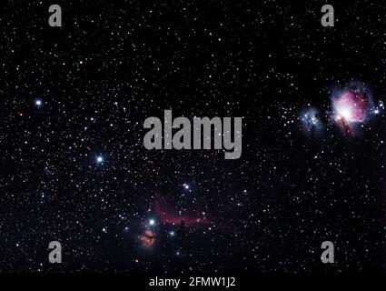 Orions Belt. Asterism consisting of the three bright stars Alnitak Alnilam and Mintaka. Also visible are the Orion Horsehead and Flame nebulae Stock Photo Alamy