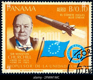 Save Download Preview PANAMA - CIRCA 1966: A stamp printed by Panama shows Sir Winston Churchill and rocket Blue streak Stock Photo