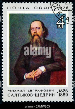 Russia - Circa 1976: A stamp printed in USSR shows portrait of Russian writer Saltykov Shchedrin devoted to the 150th Birth Anniversary, circa 1976 Stock Photo