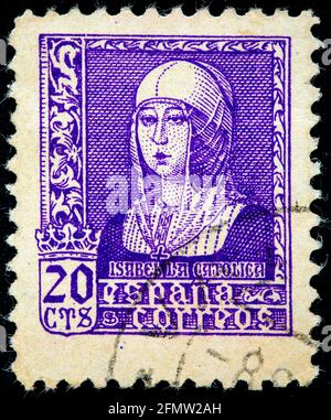 SPAIN - CIRCA 1937: A stamp printed in Spain shows Queen Isabella I of Castile (1451-1504), also known as Isabella the Catholic, series, circa 1937 Stock Photo