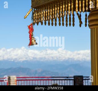 Bell in Surkanda Devi Mandir Hindu temple, Mussoorie road, Uttarakhand, India Stock Photo