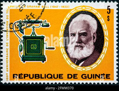 A stamp printed by Guinea shows Alexander Graham Bell 1847